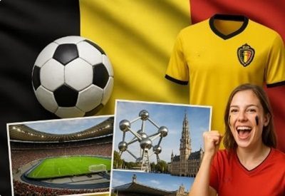Symbolische Darstellung der Bundesliga mit Flagge, Spielern, Fußball und Landmarken.